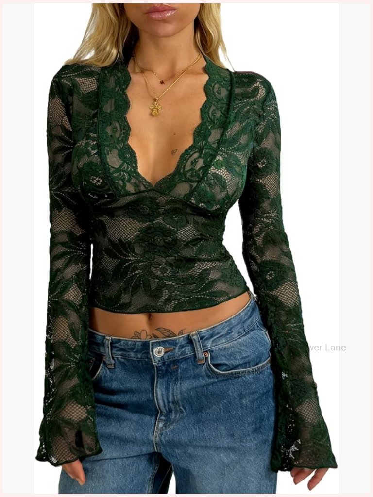 Lace Long Sleeve Crop Top Deep V Neck Bell Sleeve Going Out Tee